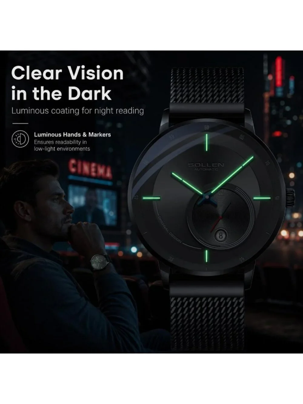 Men's Black Automatic Mechanical Minimalist Dial Stainless Steel Luxury Watch